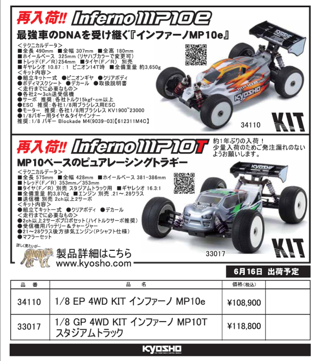 KYOSHO RC Information　1/8 インファーノ MP10e（電動）＆ MP10T（トラギー） 再入荷