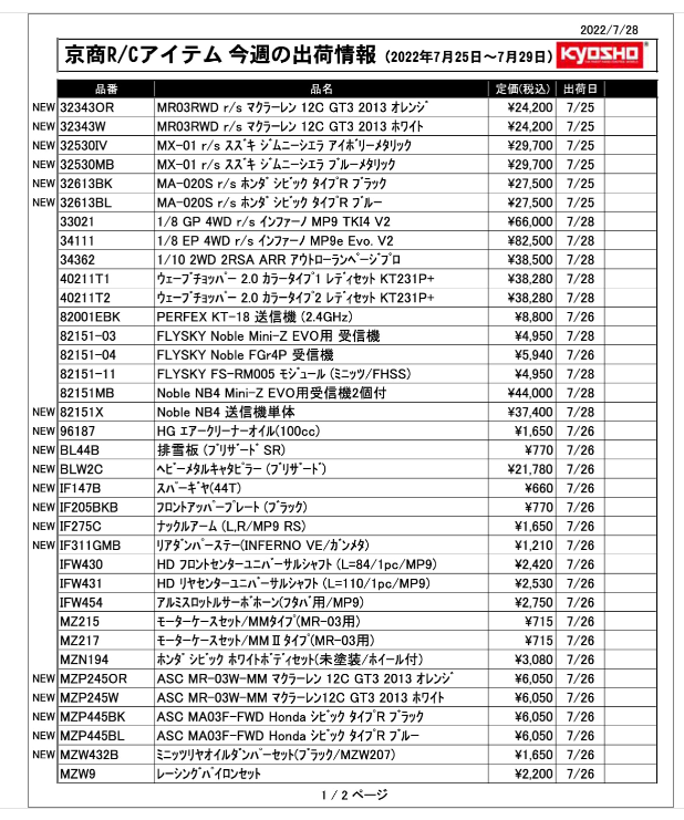 KYOSHO RC Information　今週の出荷情報（2022年7月25日～7月29日）