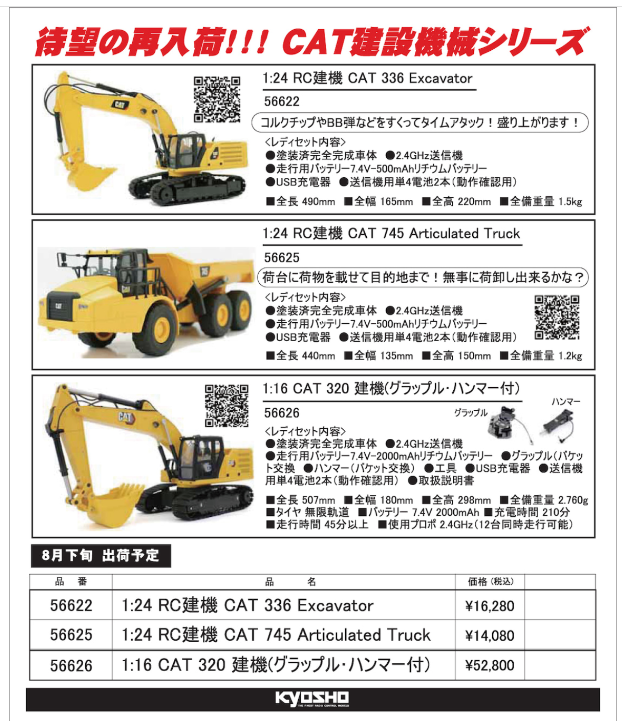 KYOSHO RC Information　ラジオコントロール　CAT建機シリーズ 各種　再入荷