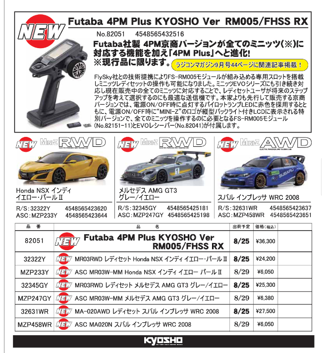 KYOSHO RC Information　フタバ 4PM Plus 京商バージョン送信機 ＆ ミニッツ レディセット各種　新登場！