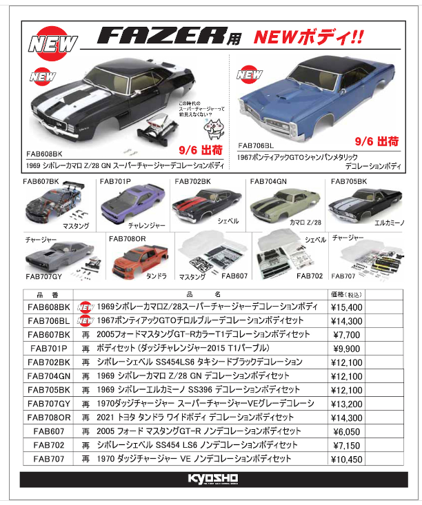 KYOSHO RC Information　FAZERシリーズ用ボディ 1969シボレーカマロ ＆ 1967ポンティアック 新登場