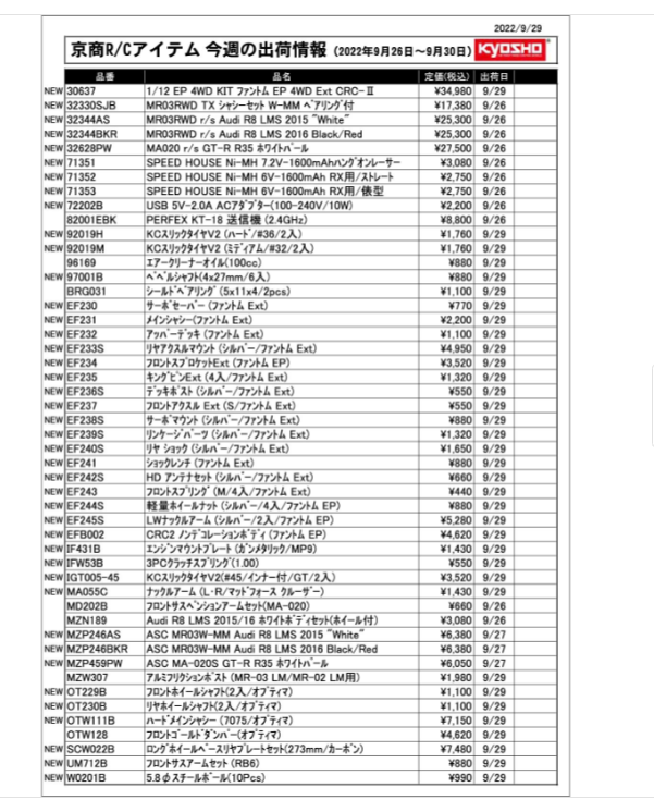 KYOSHO RC Information　今週の出荷情報（2022年9月26日～9月30日）