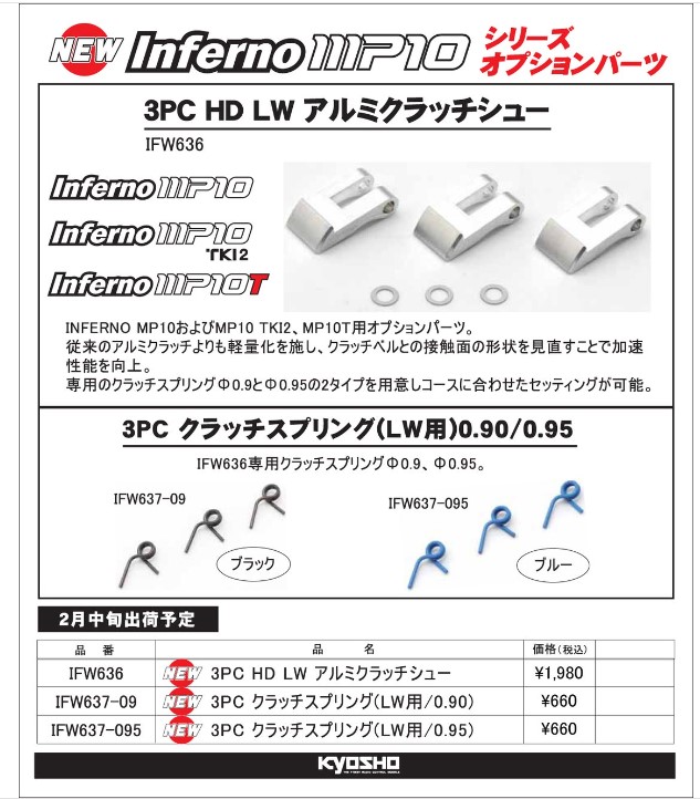 KYOSHO RC Information　インファーノMP10シリーズ用　アルミクラッチシュー　新登場