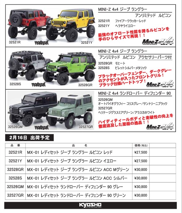 KYOSHO RC Information　ミニッツ4×4シリーズ　ジープ ラングラー ＆ ランドローバー ディフェンダー 再入荷