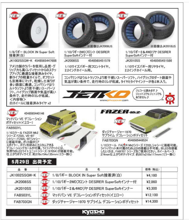 KYOSHO RC Information　JETKOタイヤ 、FAZER マッドバン＆ダッチチャージャー ボディ 新発売を発表