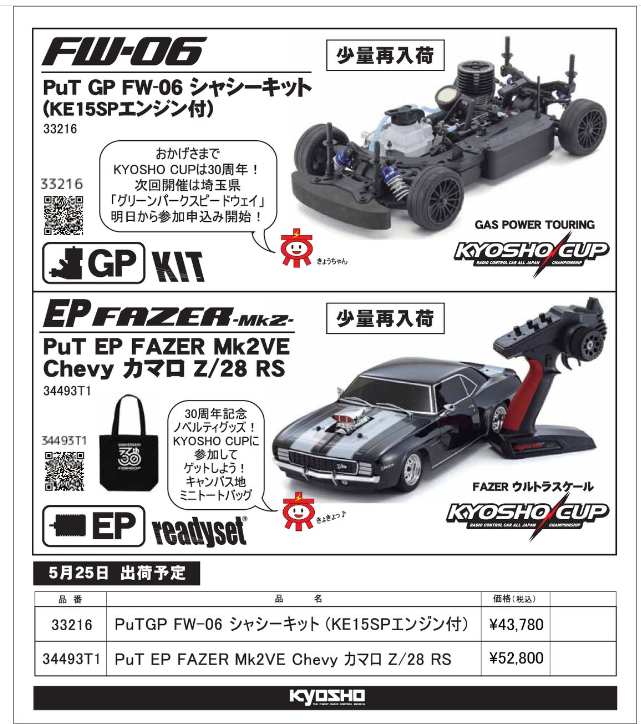 KYOSHO RC Information　京商カップ公認　GP FW-06シャシーキット ＆ EPフェーザー レディセット　再入荷を発表