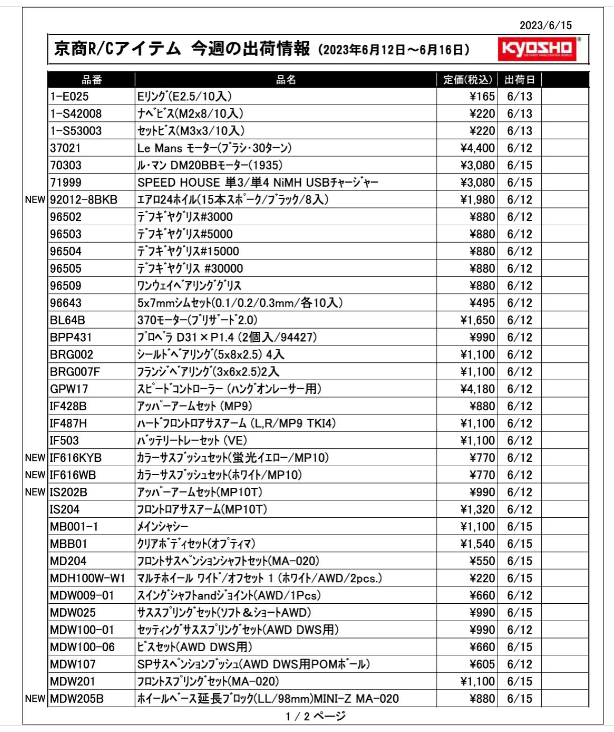 KYOSHO RC Information　今週の出荷情報（2023年6月12日～6月16日）