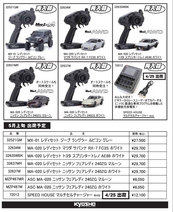 KYOSHO RC Information　 ミニッツ レディセット 各種 ＆ マルチセルチャージャー evo 再入荷を発表