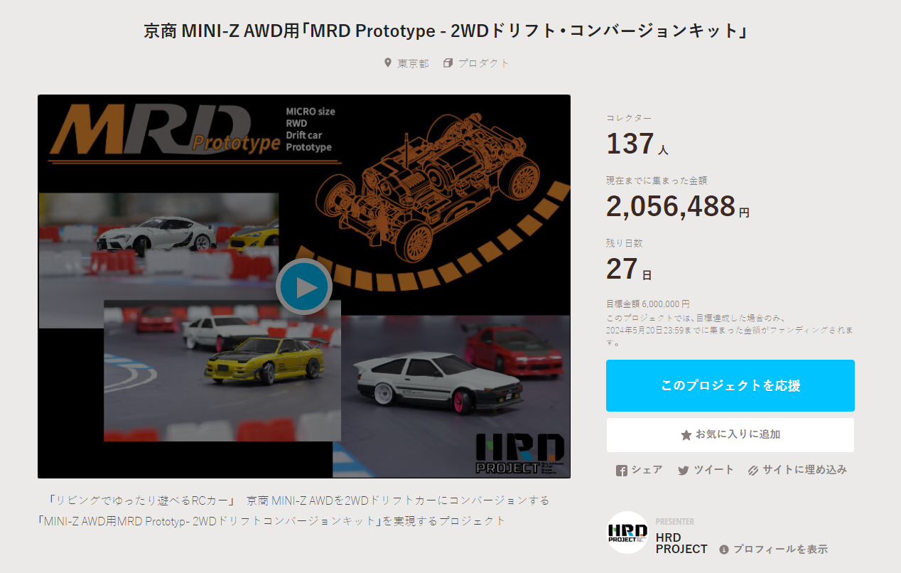 HRD PROJECT　200万円突破！&走行体験会情報公開！”京商 MINI-Z AWD用「MRD Prototype – 2WDドリフト・コンバージョンキット」”クラウドファンディング　2024年4月24日時点進捗状況 ２