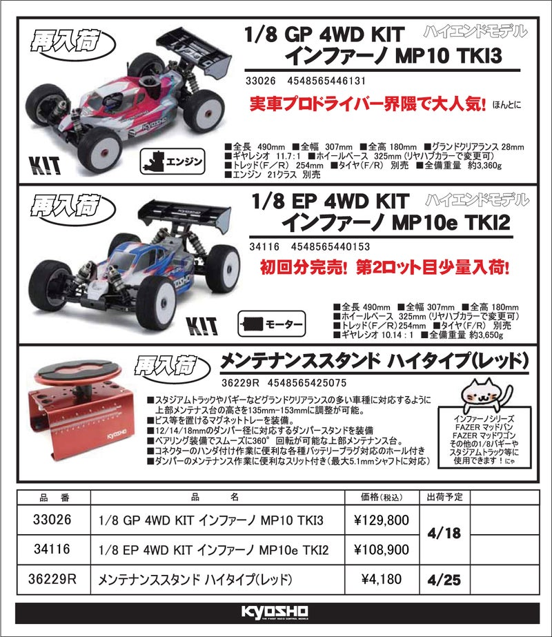 KYOSHO RC Information　1/8 バギー インファーノMP10 TKI3 ＆ MP10e TKI2 再入荷を発表