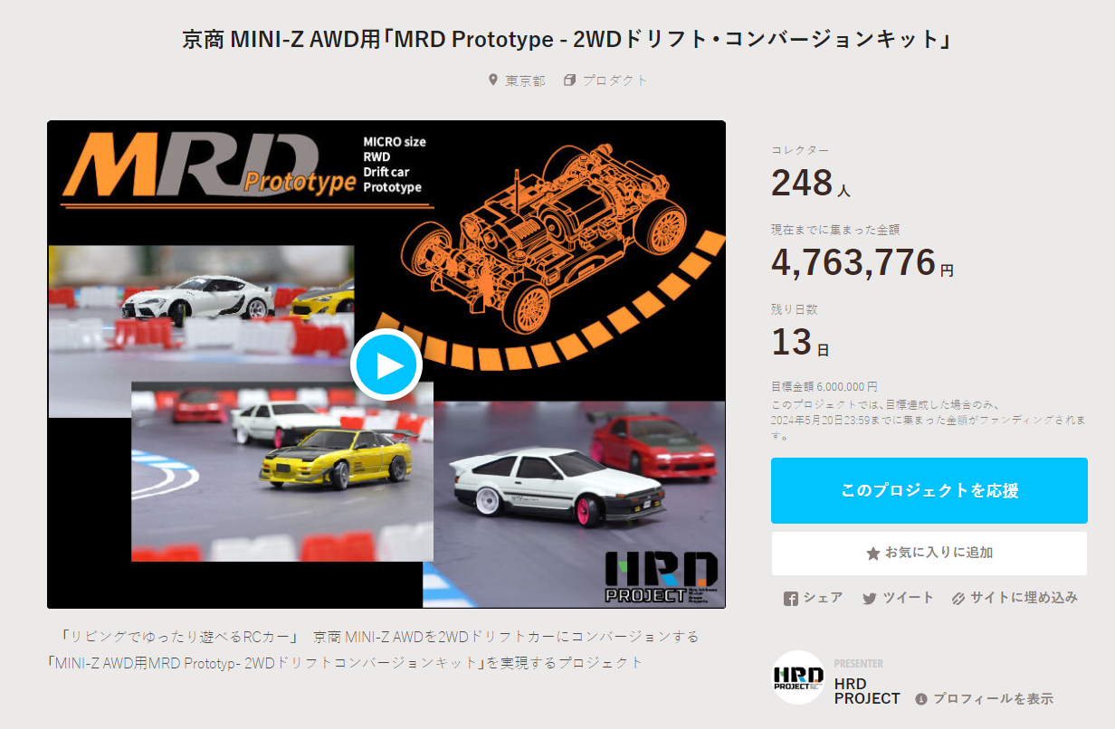 HRD PROJECT　”京商 MINI-Z AWD用「MRD Prototype – 2WDドリフト・コンバージョンキット」”クラウドファンディング　2024年5月8日 時点進捗状況