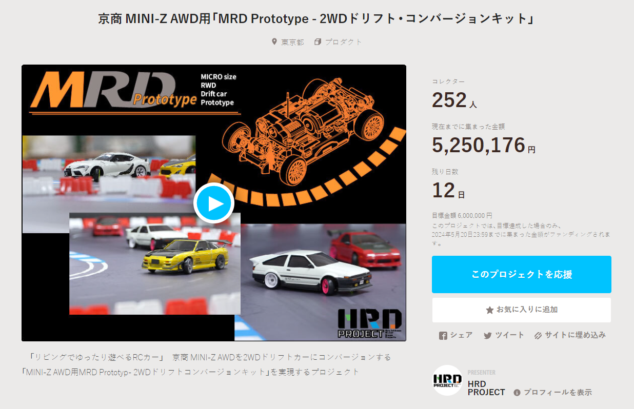 HRD PROJECT　”京商 MINI-Z AWD用「MRD Prototype – 2WDドリフト・コンバージョンキット」”クラウドファンディング　2024年5月9日 時点進捗状況