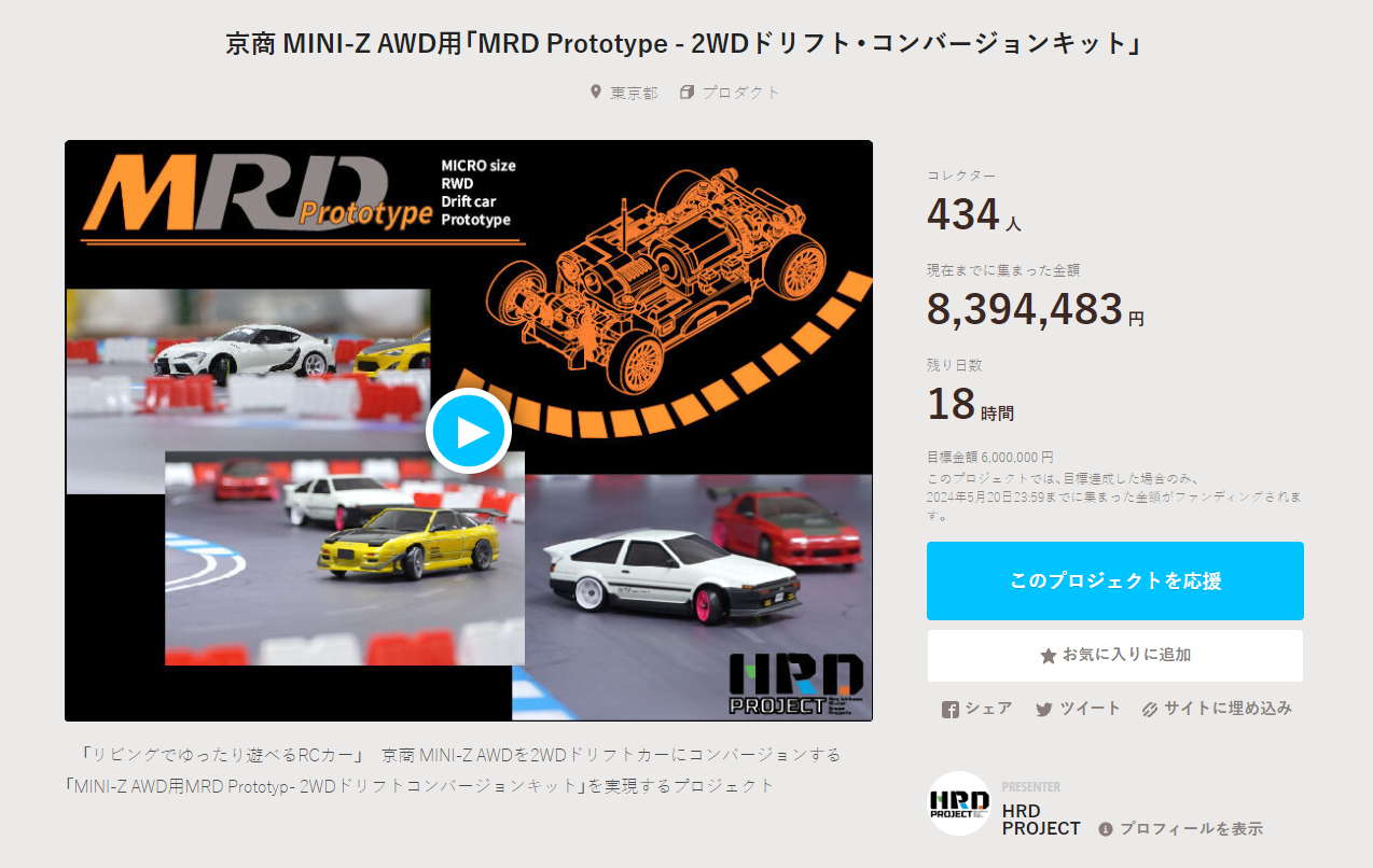 HRD PROJECT　”京商 MINI-Z AWD用「MRD Prototype – 2WDドリフト・コンバージョンキット」”クラウドファンディング　2024年5月20日 時点進捗状況