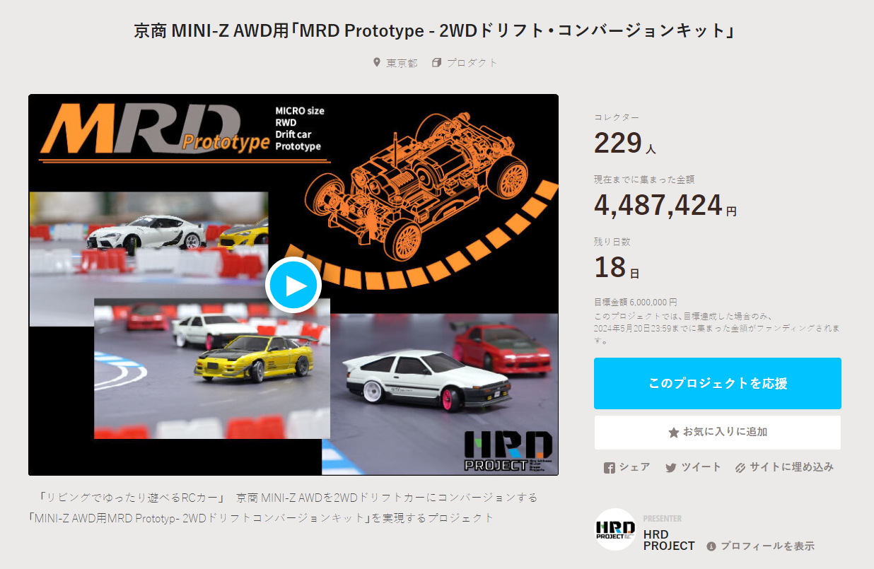 HRD PROJECT　”京商 MINI-Z AWD用「MRD Prototype – 2WDドリフト・コンバージョンキット」”クラウドファンディング　2024年5月3日 時点進捗状況