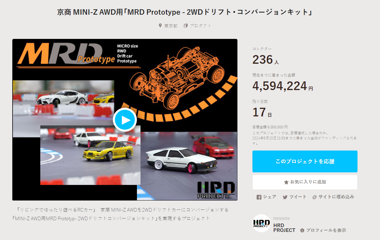 HRD PROJECT　”京商 MINI-Z AWD用「MRD Prototype – 2WDドリフト・コンバージョンキット」”クラウドファンディング　2024年5月4日 時点進捗状況