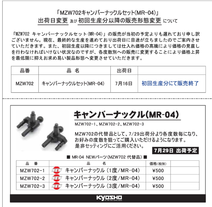 KYOSHO RC Information　MZW702 MR-04用キャンバーナックル 出荷日変更 及び 販売形態変更を発表