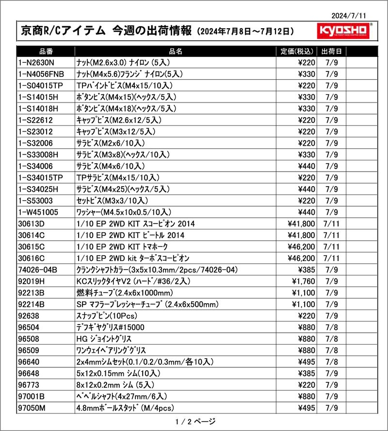 KYOSHO RC Information　今週の出荷情報（2024年7月8日～7月12日）