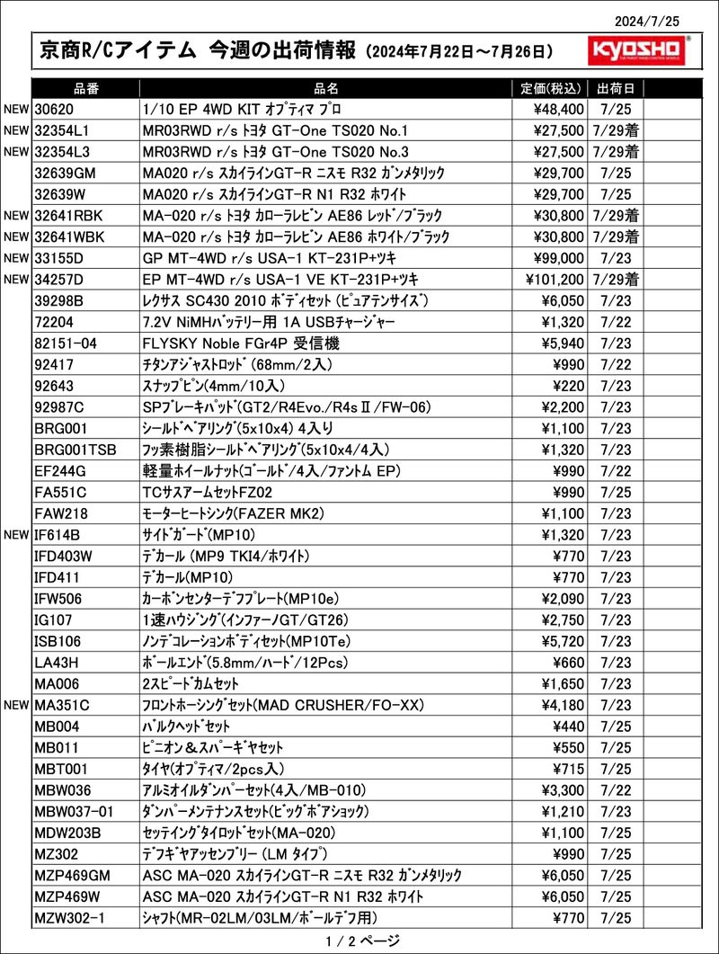 KYOSHO RC Information　今週の出荷情報（2024年7月22日～7月26日）