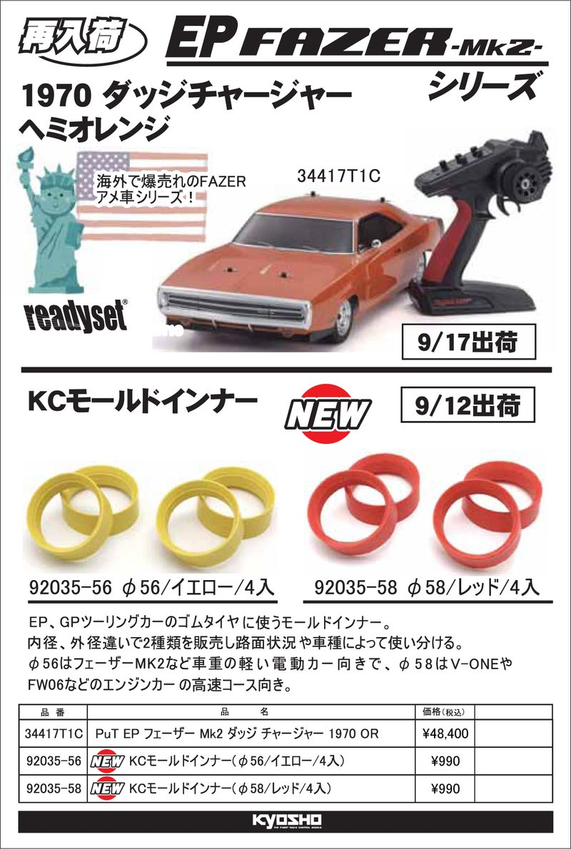 KYOSHO RC Information　EP FAZER 1970ダッジチャージャー 再入荷 ＆ KCモールドインナーを発表