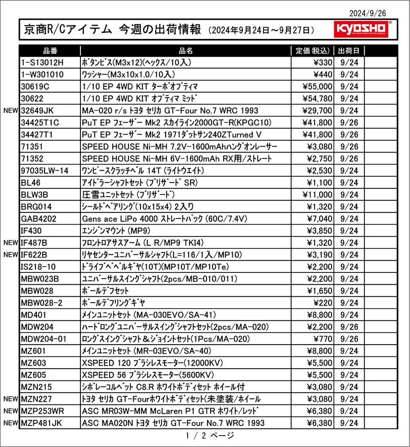 KYOSHO RC Information　今週の出荷情報（2024年9月24日～9月27日）