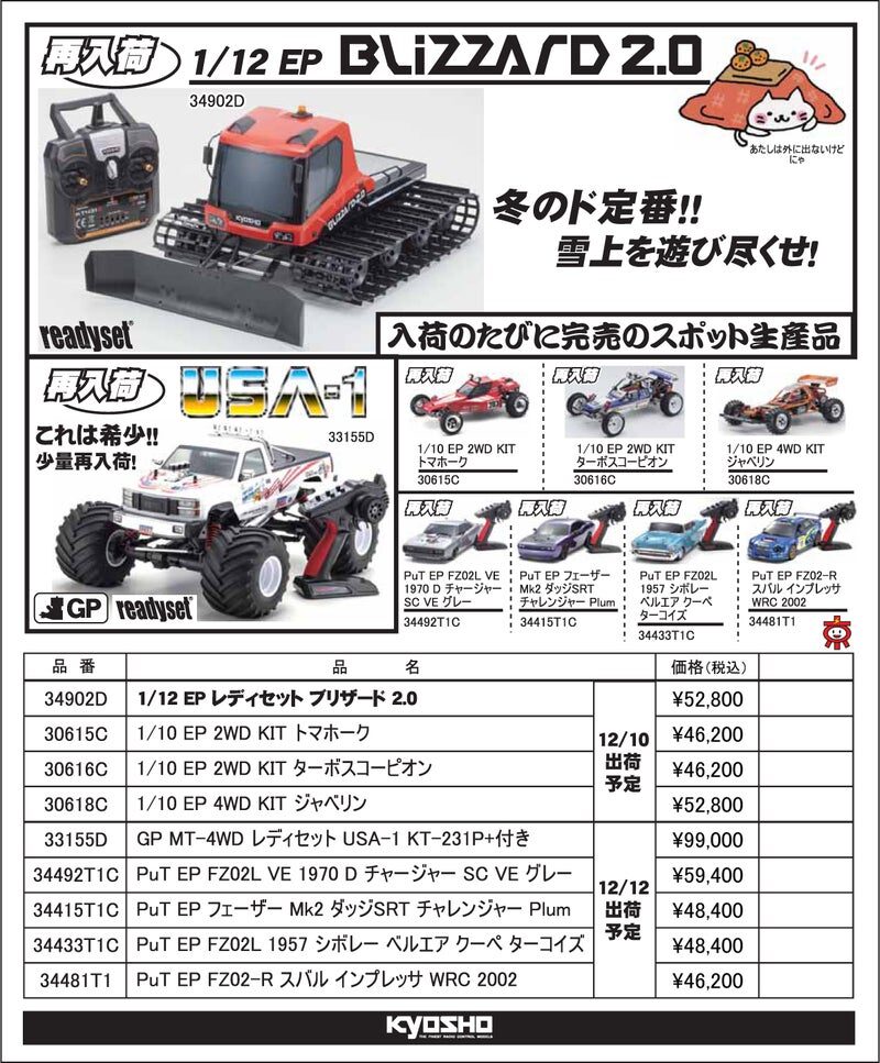 KYOSHO RC Information　EPブリザード2.0 レディセット ＆ GP USA-1 レディセット 他各種キット 再入荷を発表