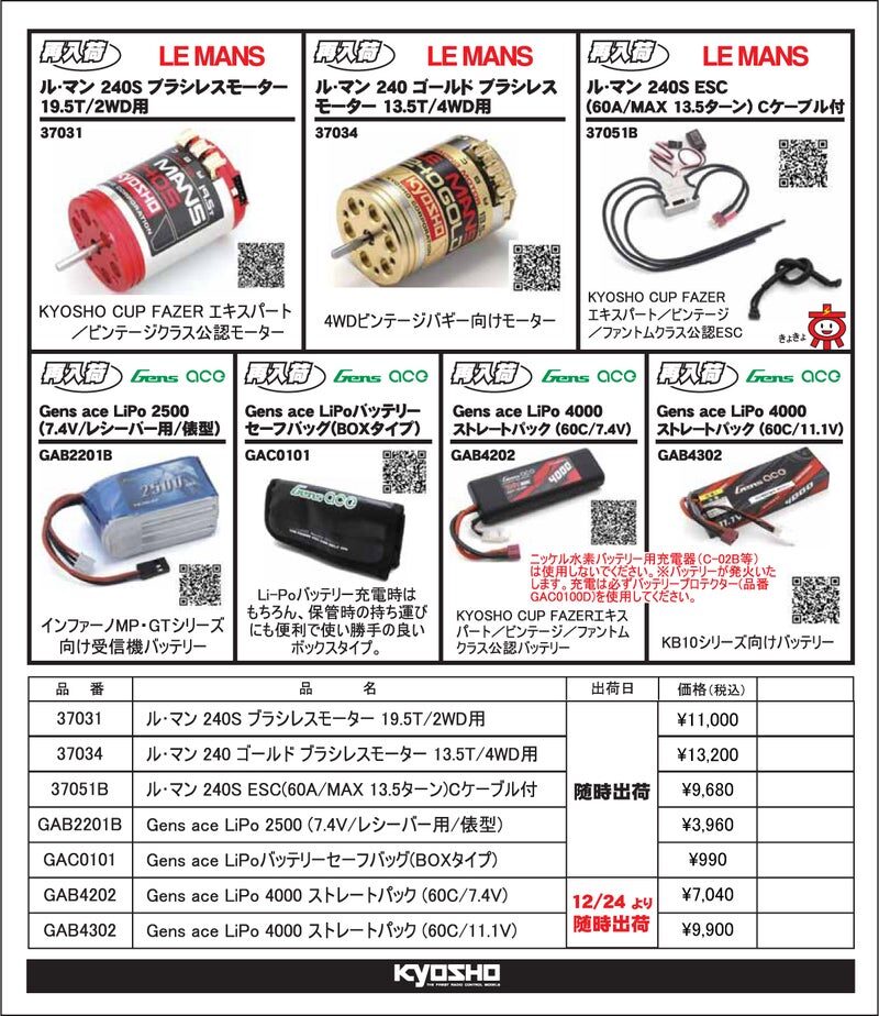 KYOSHO RC Information　ル･マン モーター / コントローラー ＆ Gens ace LiPo バッテリー 再入荷を発表