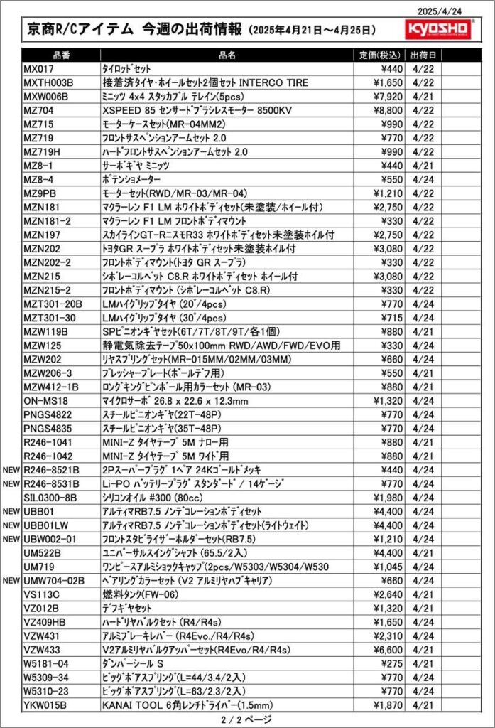 KYOSHO RC Information 今週の出荷情報(2025年4月21日~4月25日) 3