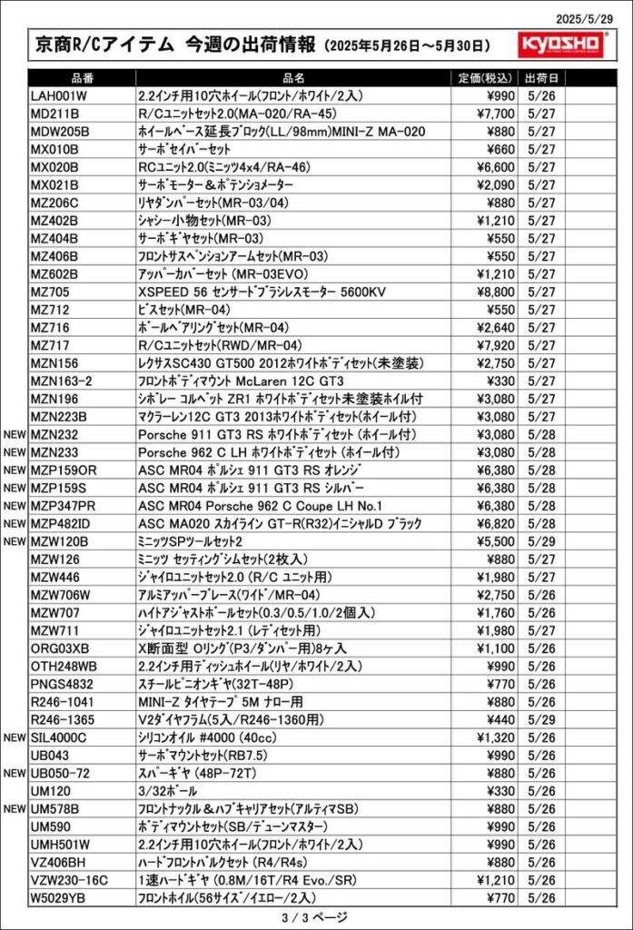 KYOSHO RC Information 今週の出荷情報(2025年5月26日~5月30日) 4