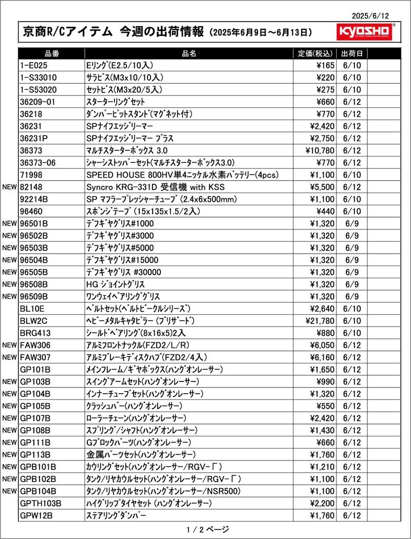 KYOSHO RC Information　今週の出荷情報（2025年6月9日～6月13日）